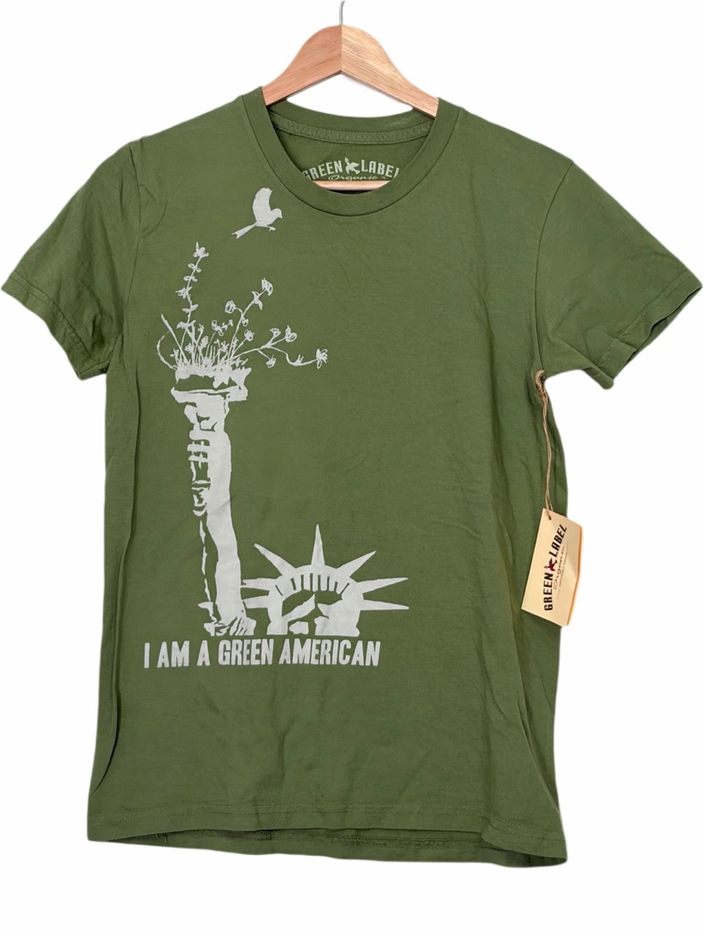 Green Label I Am A Green American' Graphic Tee Olive Green Women’s Medium NWT
